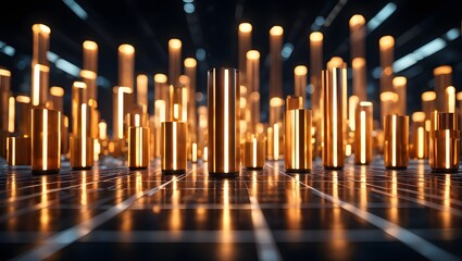 Abstract golden cylinders background with reflections and grid lines design art