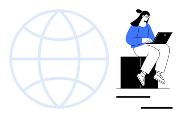 Woman typing on a laptop while seated beside a large faded globe, symbolizing internet, learning, and connection. Ideal for technology, education, communication, innovation, globalization remote