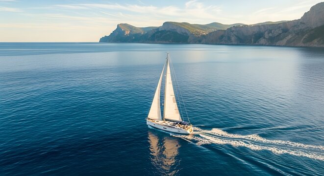 Beautiful white sailboat glides across the calm blue sea, leaving a wake, with majestic coastal cliffs in the background, perfect for summer travel and leisure.