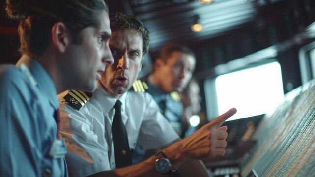 Ship captain in a control room points decisively while crew members listen attentively, showcasing teamwork and leadership in a maritime setting. The atmosphere is intense and focused
