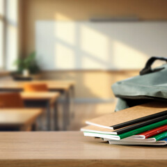 School backpack with supplies on classroom desk – back to school and education concept with...
