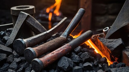 Close up of blacksmith tools and coal with flames in a workshop setting for metalworking process