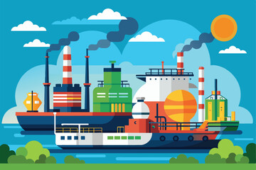 Vibrant illustration showing a bustling industrial shipyard with ships and factories. The scene captures environmental themes and maritime industry concepts in a colorful, cartoon style.