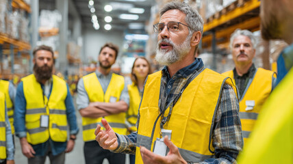 Senior warehouse manager in safety vest leading team meeting in modern logistics facility