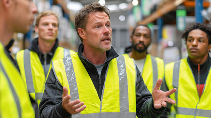 Diverse warehouse team in safety vests having discussion meeting in modern logistics facility