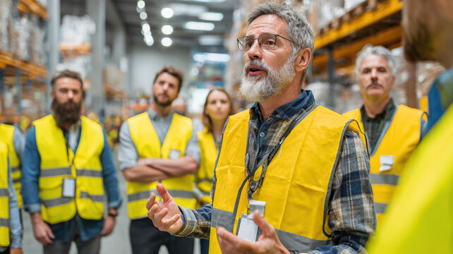 Senior warehouse manager in safety vest leading team meeting in modern logistics facility - Powered by Adobe