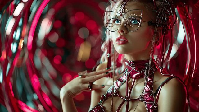 Futuristic Vixen. Blonde Punk in Latex and Wire Glasses