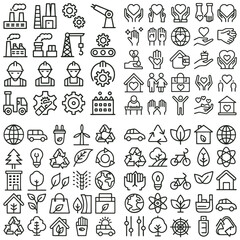 Fototapeta premium Collection of Black Line Icons Depicting Industry Ecology Sustainability and Social Responsibility Themes