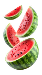 Flying watermelon slices with seeds floating in the air isolated on transparent white background, clipping path