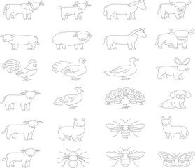 Farm Animals Line Icon Set: Thin Linear Vector Pictograms of Ducklings, Sheep, Horses & Barnyard Animals