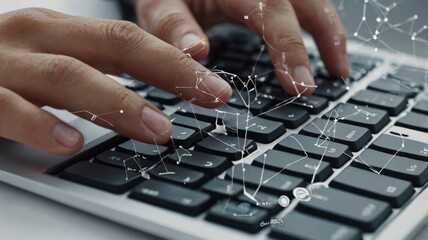 Hands typing on a keyboard with a digital network overlay showing connectivity and data transfer