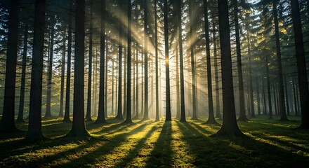 Obraz premium Sunbeams breaking through forest trees.jpg