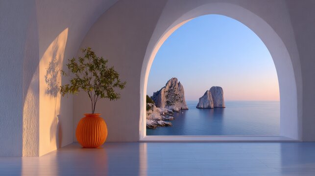 Room with arched window overlooking sea and rock formations at dusk with plant