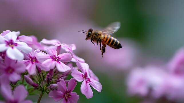 Bee Flying Near Pink Flower