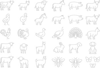Farm Animals Line Icon Set: Thin Linear Vector Pictograms of Ducklings, Sheep, Horses & Barnyard Animals
