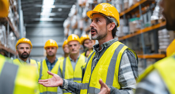 Warehouse workers in hard hats and safety vests attending team briefing meeting - Powered by Adobe