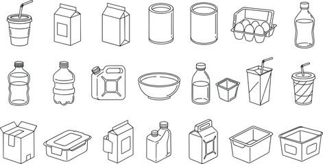 Food and drink packaging line icons, plastic containers, bottles, cartons, takeaway cups, cans, trays, isometric vector set