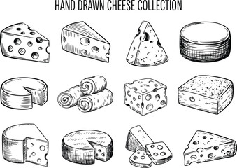 Hand drawn black and white cheese collection illustration, sketched dairy food set, vintage cheese types, cartoon cheese slices and wheels. © Vactor Creatives