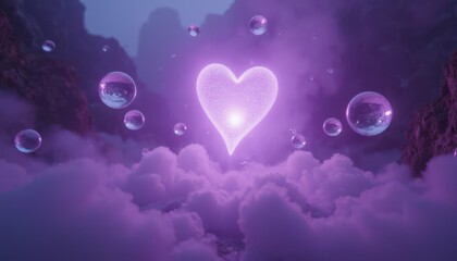 floating crystal spheres orbiting a pulsating heart of light, suspended in a void of deep violet fog and aurora like waves.