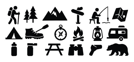 Camping, outdoor adventure icon set. 