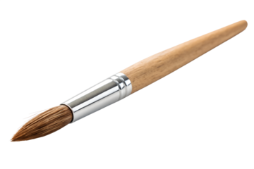 Close up of a round tip artist paint brush with wooden handle isolated on transparent background