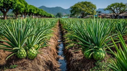 Fototapeta premium Dragon fruit plantation rows of cactus like plants under bright tropical sun wide angle farm layout clear shadows and field texture