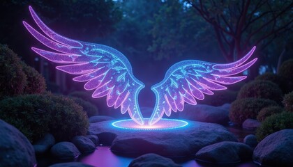data stream shaped like angelic wings descending over a symbolic healing chamber bathed in bioluminescent colors.