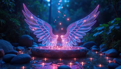 data stream shaped like angelic wings descending over a symbolic healing chamber bathed in bioluminescent colors.