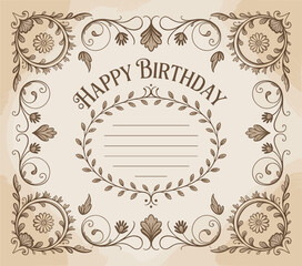 Vintage floral happy birthday greeting card, ornate frame design, elegant scroll pattern, decorative template, retro invitation, celebration background