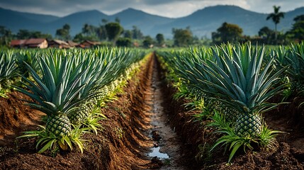 Rows of pineapple plants in a field with a dirt path and mountains in the background under cloudy skies