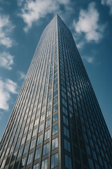 "Modern Glass Skyscraper Reaching into the Sky with Reflections of Clouds – Low Angle View of Contemporary Urban Architecture in Blue Tones