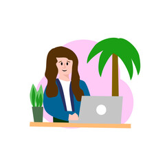 Dziewczyna pracuje na laptopie – wektorowa grafika © Laura