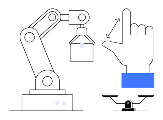 Robotic arm lifting object, hand gesture for control, and balance scale symbolizing automation, precision, decision-making, and innovation. Ideal for tech, AI, robotics balance gesture control