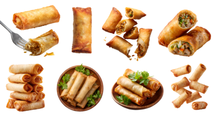 Set of Fried egg spring rolls crispy fry wrapped pastry snack with savory filling, vegetable meat, wooden plate, fork, halved broken pile stack on transparent cutout PNG. Mockup template	

