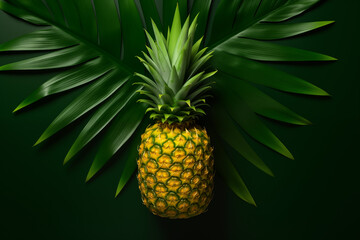 Obraz premium Whole ripe pineapple with green spiky leaves on vibrant tropical background
