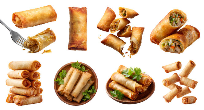 Set of Fried egg spring rolls crispy fry wrapped pastry snack with savory filling, vegetable meat, wooden plate, fork, halved broken pile stack on transparent cutout PNG. Mockup template	
