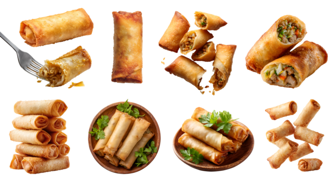 Set of Fried egg spring rolls crispy fry wrapped pastry snack with savory filling, vegetable meat, wooden plate, fork, halved broken pile stack on transparent cutout PNG. Mockup template	
