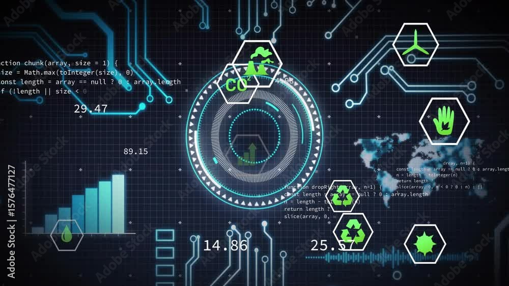 Poster scrolling code appearing left launching circular ring rotating and hex icons updating dashboard