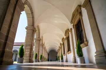 Explore architectural beauty: arched hallway with stone pillars and potted plants view