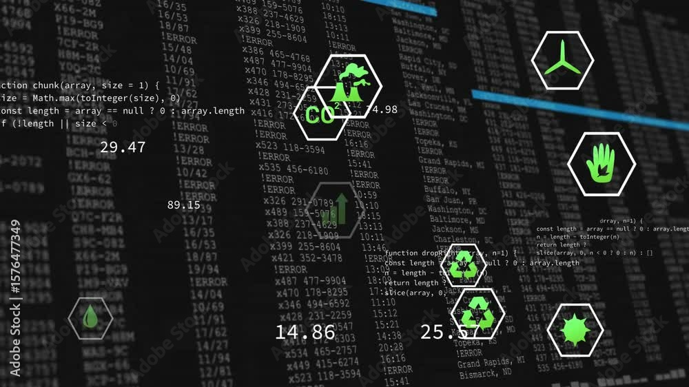 Poster code snippet expanding data updating and sweeping scanline across hexagon icons monitoring