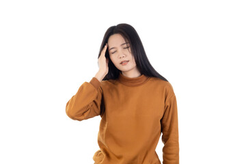 Stressed Asian woman suffering from a headache or migraine, touching her temple with a painful...