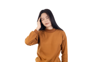 Stressed Asian woman suffering from a headache or migraine, touching her temple with a painful expression. Concept of stress, illness, and pressure. isolated on white background with clipping path.