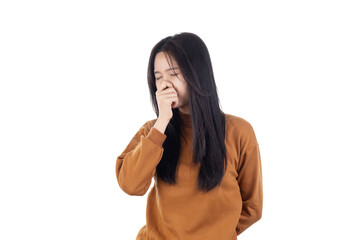 Young Asian woman pinching her nose, reacting to a bad or stinky smell. Concept of unpleasant odor,...
