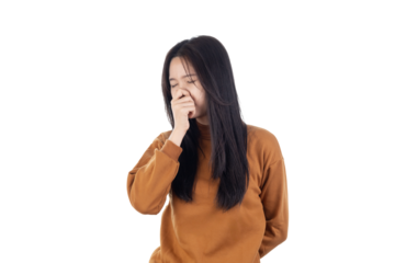Young Asian woman pinching her nose, reacting to a bad or stinky smell. Concept of unpleasant odor, disgust, and bad aroma. isolated on white background with clipping path.