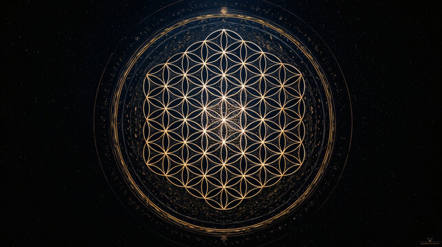 A stunning visualization of the flower of life set against a cosmic backdrop.