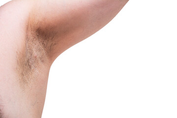 Image of hairy armpit of unrecognizable man on white isolated background with copy space