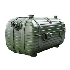 Military-style green fuel tank with pipes and connectors  