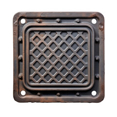 Metal manhole cover with grid pattern on white background  