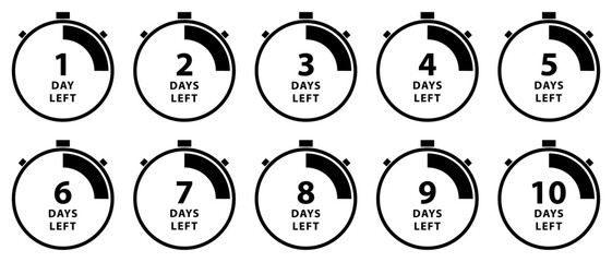 Vector countdown timer icons showing 1 to 10 days left. Stylish stopwatch designs with black progress bars and bold text, ideal for deadline, launch, sales, and event reminder graphics.