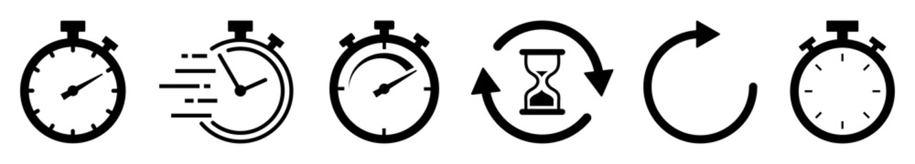 A sleek vector set of stopwatch, hourglass, and refresh icons. Perfect for time tracking, speed, deadline, countdown, update, and productivity themed or app design projects. Vector illustration.